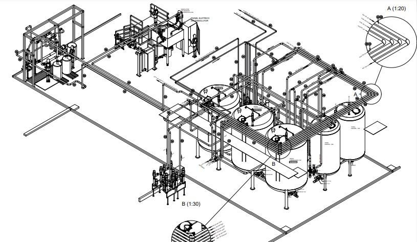 Desenho isométrico de uma instalação com tanques, tubulação e plataformas